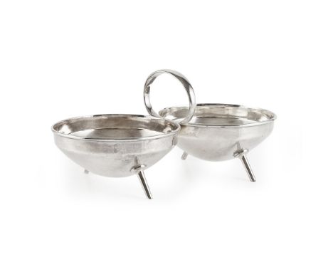 CHRISTOPHER DRESSER (1834-1904) FOR HUKIN & HEATH, LONDON  SILVER-PLATED DOUBLE BON-BON DISH, CIRCA 1880   on four tapering s