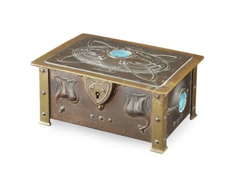 ART NOUVEAU  COPPER AND BRASS JEWELLERY CASKET, CIRCA 1900   embossed with whiplash foliage and set with a Ruskin ceramic rou