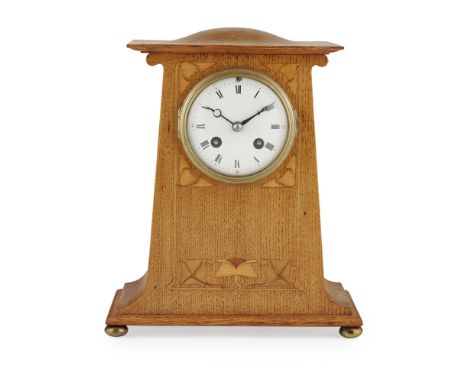 ENGLISH SCHOOL  ARTS & CRAFTS OAK CASED MANTEL CLOCK, CIRCA 1900   the twin train movement with circular enamelled dial withi