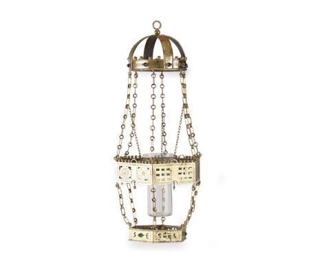 ARTS & CRAFTS  BRASS HANGING SANCTUARY LAMP, CIRCA 1920   set with coloured glass cabochons and centred with a glass shade  6