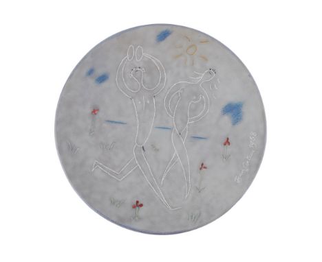 [§] JEAN COCTEAU (1889-1963) FOR ATELIER MADELINE JOLLY  'COUPLE AU CYMBALES' CIRCULAR PLATE, DATED 1958 No. 15 of an edition