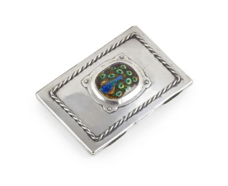 C. J. PLUCKNETT & CO. LTD.  ARTS & CRAFTS SILVER AND ENAMEL COMPACT MIRROR, 1923   of oblong form with rope-twist decoration,