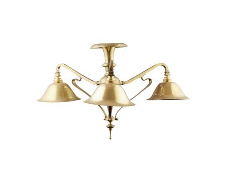 ATTRIBUTED TO THE BIRMINGHAM GUILD OF HANDICRAFTS  BRASS CEILING LIGHT, CIRCA 1900   with three curved arms with scrolling br