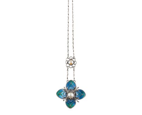 LIBERTY & CO. LONDON  SILVER AND ENAMEL PENDANT, CIRCA 1900   formed as a flower head and set with a blister pearl, with atte