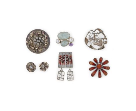 BRITISH SCHOOL  COLLECTION OF CONTEMPORARY JEWELLERY, CIRCA 1970-1996   comprising TWO NORMAN GRANT SILVER & ENAMEL BROOCHES,