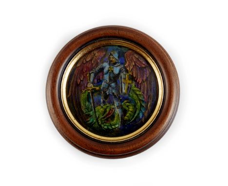 ENGLISH SCHOOL  ARTS & CRAFTS ENAMEL ROUNDEL, CIRCA 1910   depicting St. George & the Dragon, framed  9.6cm diameter
