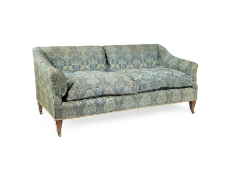 HOWARD & SON, LONDON AND MORRIS & CO.  MAHOGANY FRAMED SOFA, CIRCA 1900   covered in 'Honeycomb' silk and wool 3-ply fabric, 