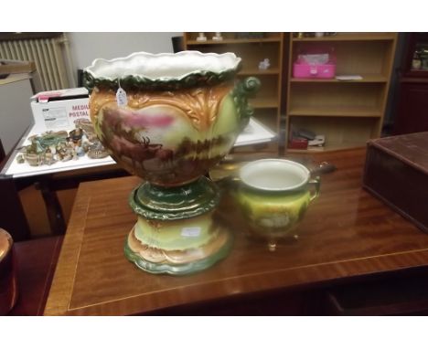 Victorian hand painted jardinière with stand together with a Victorian planter
