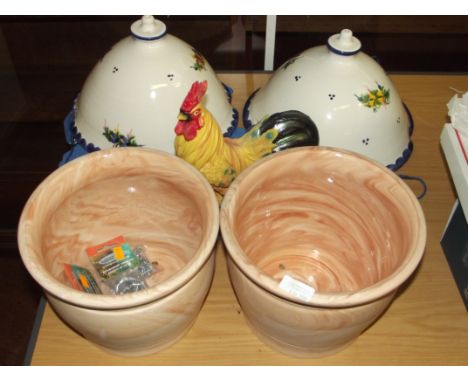 Pair of planters together with a pair of hanging ceramic baskets and a cockerel figure