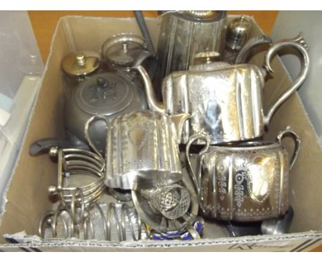 Assorted plated ware to include a bright cut three piece tea service 