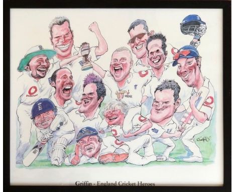 Signed Print of England's Cricket Heroes by GriffinPrint of a cartoon by Griffin of England's cricket team after winning The 