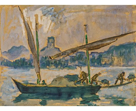 PECHSTEIN, HERMANN MAX1881 Zwickau - 1955 BerlinTitel: Lastenbarge auf Genfer See. Datierung: 1924. Technik: Aquarell und Tus