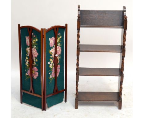 A 1920s oak bookcase of small proportions with trough section to the top, height 91.5cm, width 43cm, also a folding screen (2