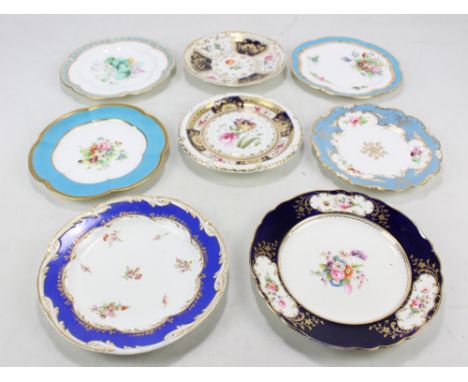 Eight Coalport floral painted cabinet plates with turquoise and blue borders (one is a teapot stand), various sizes (8).