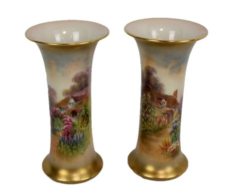 A small pair of Royal Worcester waisted vases with painted cottage decoration signed by Rushton, both with green printed mark