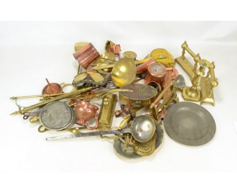 A quantity of copper and brass including skimmers, ladle, horse brasses, copper jug, etc. CONDITION REPORT: Postage of this l