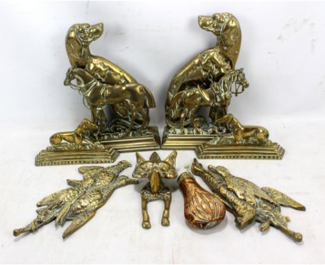 A small group of brassware including pair of wall ornaments modelled as flying birds, mantel and fireside ornaments modelled 