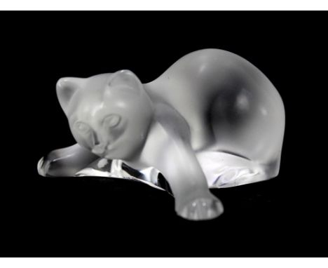LALIQUE; a modern frosted glass model of a kitten, etched to base 'Lalique R. France', length 7cm.