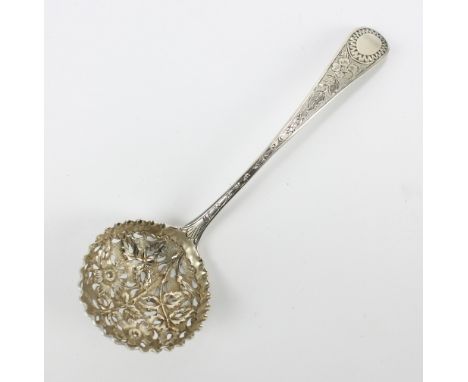 PETER &amp; ANN BATEMAN (possibly); a George III hallmarked silver Old English pattern sifting spoon with floral bright cut d