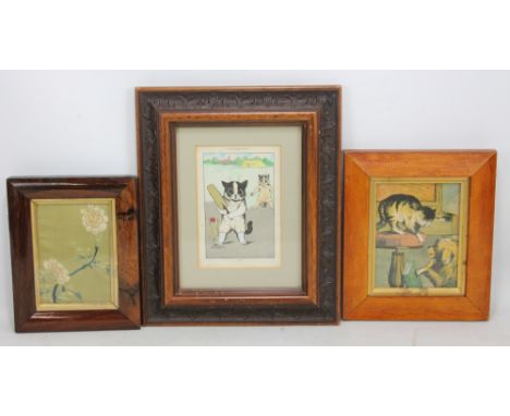AFTER LOUIS WAIN; a humorous cat cricketing print 'Out', in carved rectangular frame, a rosewood frame containing a section o