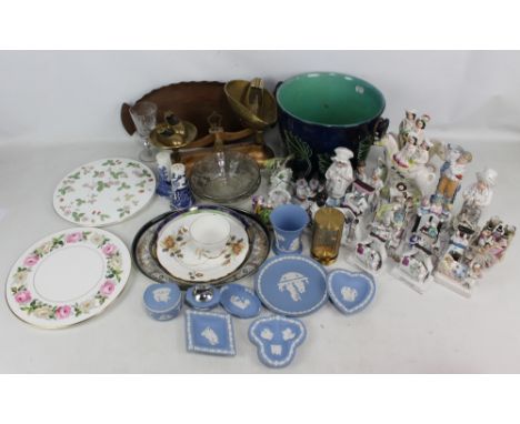 A mixed group of ceramics including Staffordshire and other figures (some reproductions), a jardinière with swing handle, als