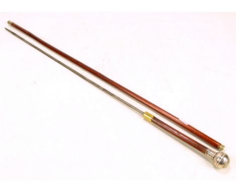 An Edwardian sword cane/swagger stick with domed silver plated cap, square sectioned tapering blade and bamboo scabbard, leng