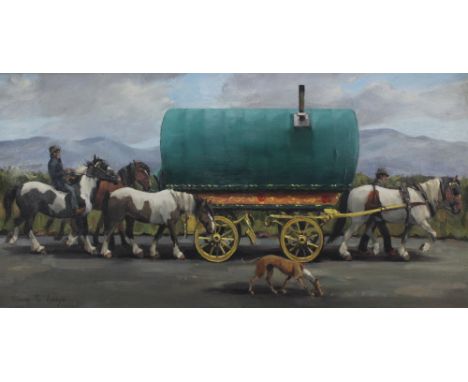 DIANA R LODGE; oil on canvas, caravan in rural landscape with horses and dog to foreground, signed lower left, 50 x 100.5cm.