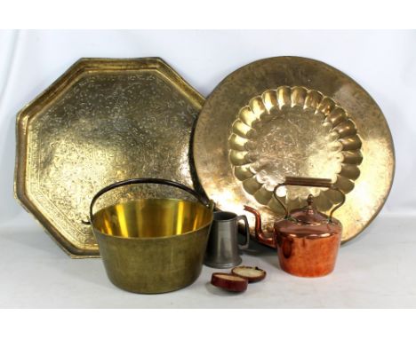 A small group of mixed metalware including Eastern brass trays, a copper teapot, etc.