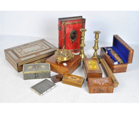 A mixed group of collectors' items including Vizagapatam-style box, similar card case, Gourmets Delight tin, cased Henry Barr
