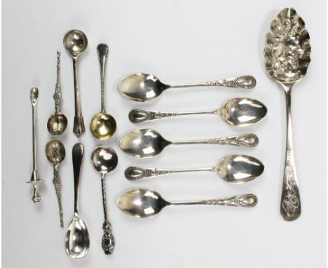 A group of variously hallmarked silver spoons to include a set of five coffee spoons, Frank Wood, Sheffield 1911, a berry spo