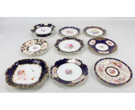 Nine Coalport floral decorated gilt heightened plates and dishes, each with blue borders, various sizes, approx 22.5cm, one w