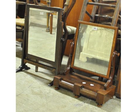 A Victorian walnut swing toilet mirror on rectangular base with two drawers, width 47cm, and an oak mirrored fire screen (2).