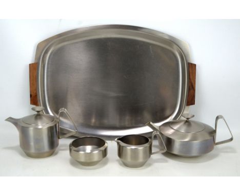 ROBERT WELCH FOR OLD HALL; a five piece Alveston pattern stainless steel tea set comprising teapot, hot water pot, cream jug,