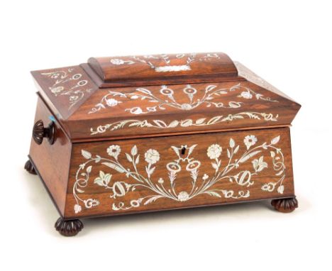 A good early Victorian rosewood and mother of pearl inlaid sewing box of large sarcophagus form, the floral decorated hinged 