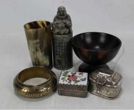 A small group of collectors' items comprising two silvered trinket boxes, a brass bangle, small wooden pedestal bowl, horn be