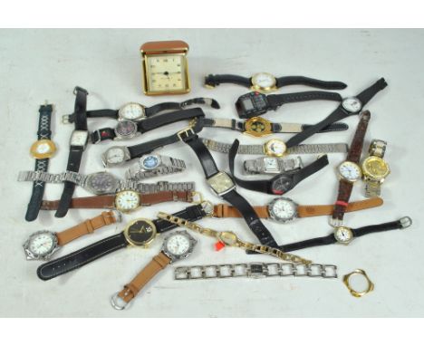 A mixed group of gentlemen's and ladies' modern fashion wristwatches with manufacturers including Reflex, Timex, Citron, etc.