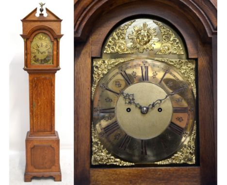 A reproduction oak eight day longcase clock with arched brass dial, shaped door and raised on bracket feet, height 250cm.