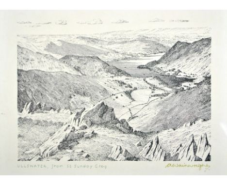 ALFRED WAINWRIGHT; a signed print, 'Ullswater, From St Sunday Crag', 14.5 x 20cm, framed and glazed. CONDITION REPORT: After 