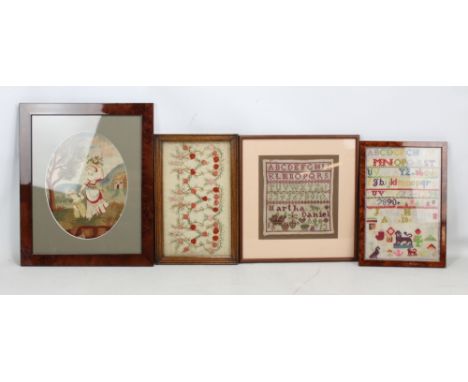 A 19th century floral decorated silk work panel, two alphabet samplers and silk printed and needle work panel (4).