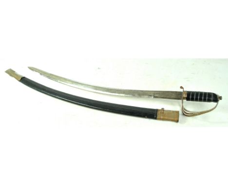 A sabre with etched decoration to blade, blade length 75cm, with pierced guard and wirework grip in metal mounted scabbard.  