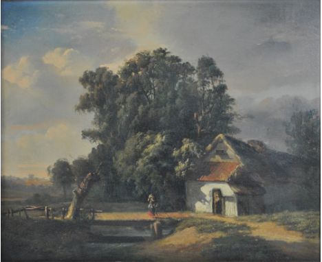 EARLY 19TH CENTURY ENGLISH SCHOOL; oil on panel, rural landscape with figures before a cottage, unsigned, bearing Boydell Gal