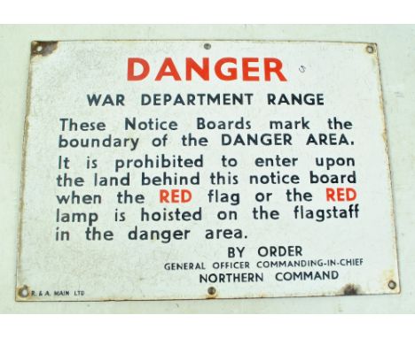 A WWII period enamelled 'DANGER' sign stamped for R. &amp; A. Main Ltd, 26 x 36cm. CONDITION REPORT: Wear and tear throughout