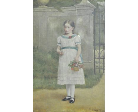 J EVANS ECCLES; oil on canvas, full length portrait of a girl in the garden holding a basket of flowers, signed and dated to 