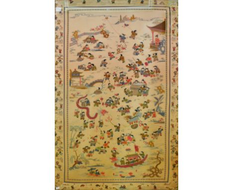 A 20th century Chinese embroidered silk rectangular panel with 'Hundred Boys' decoration, 161.5 x 86.5cm, framed and glazed. 