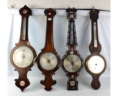 A rosewood and mother of pearl inlaid wheel barometer, two further rosewood wheel barometers and a mahogany inlaid wheel baro