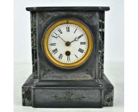 A late 19th century French black slate mantel clock with white enamel dial, height 22cm (dial af).