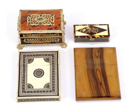 An olive wood rectangular card case, 11.25cm, an ivory Vizagapatam type card case, 10.5cm, a tortoiseshell bone detailed smal