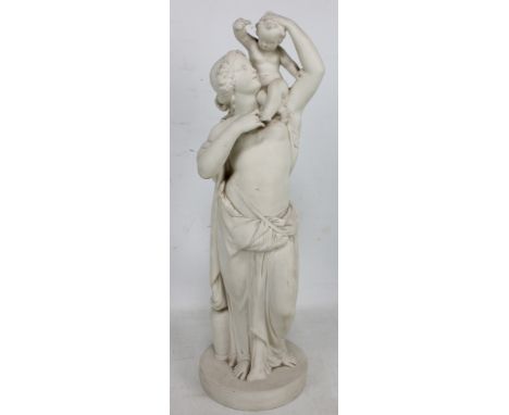 A late 19th century Parian Ware figure of a scantily clad young woman with child upon her shoulder, unsigned, height 40cm. CO