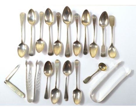 A small group of hallmarked silver comprising various teaspoons, a single salt spoon, two pairs of sugar tongs and mother of 
