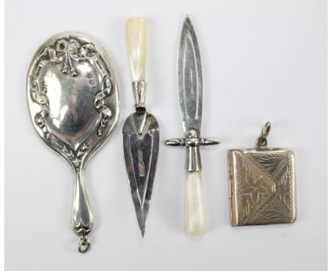 ADIE &amp; LOVEKIN; a George V hallmarked silver bladed mother of pearl handled trowel bookmark, Birmingham 1925, length 7.5c